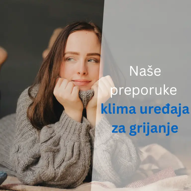 Ženska osoba u udobnoj vesti natpis ''Naše preporuke klima uređaja za grijanje''